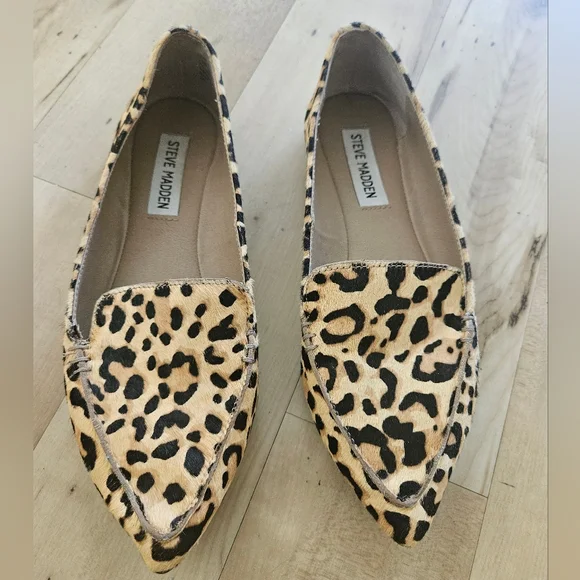 STEVE MADDEN Leopard Print Featherl Cow Hair Leather Pointed Toe Flats 5.5 - Picture 4 of 6